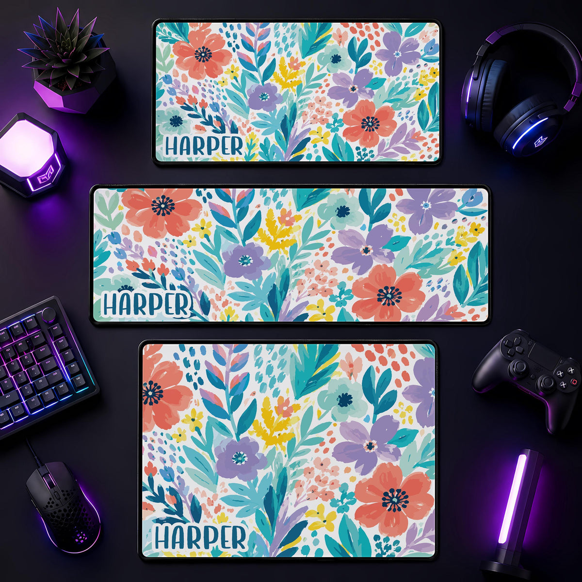 Personalized Boho Floral Desk Mat, Watercolor Flowers Mouse Pad, Custom Name Gaming Accessories
