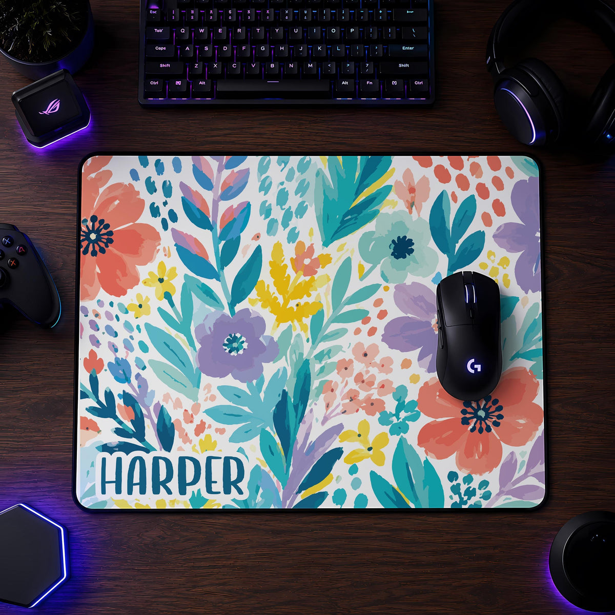 Personalized Boho Floral Desk Mat, Watercolor Flowers Mouse Pad, Custom Name Gaming Accessories