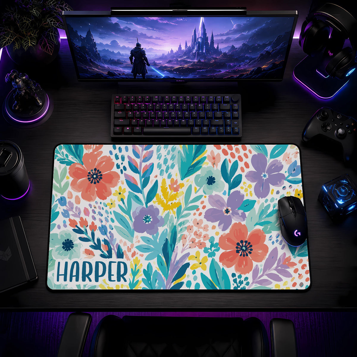 Personalized Boho Floral Desk Mat, Watercolor Flowers Mouse Pad, Custom Name Gaming Accessories