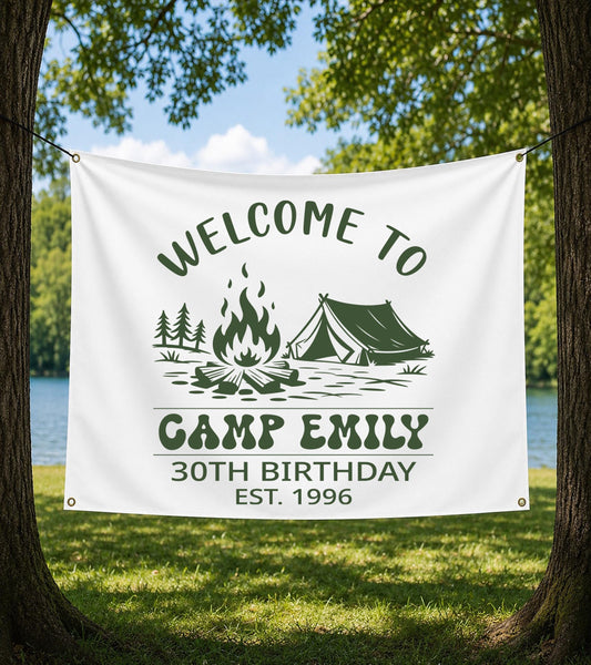 Custom Camping Birthday Banner, Outdoor Party Backdrop, Woodland Theme Sign