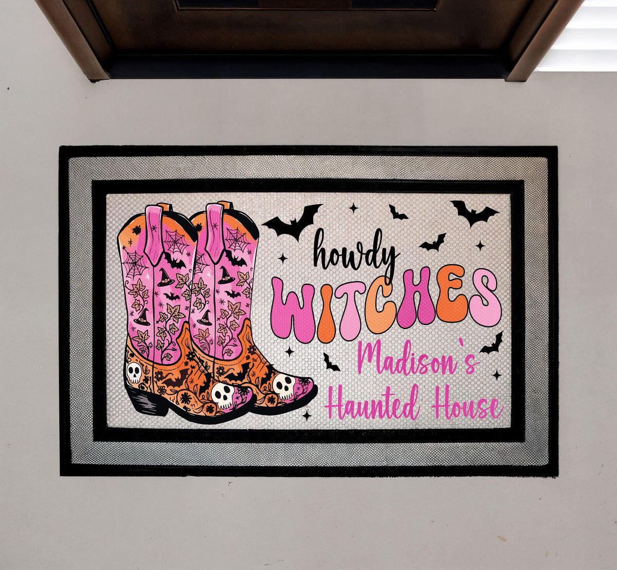 Personalized Howdy Witches Cowboy Boot Doormat, Western Halloween Porch Decor