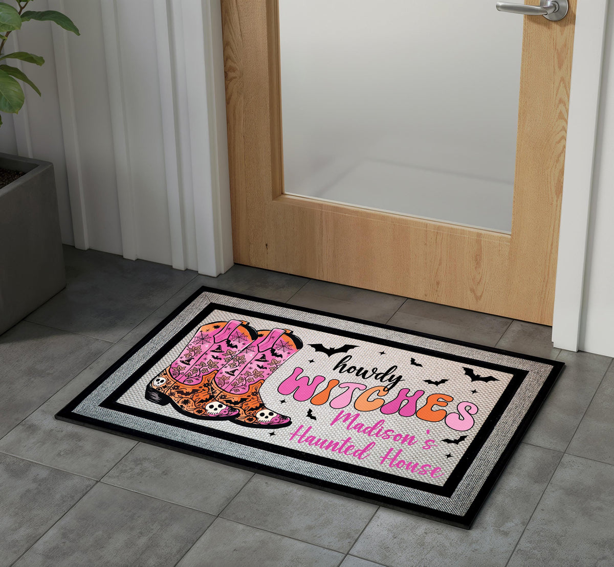 Personalized Howdy Witches Cowboy Boot Doormat, Western Halloween Porch Decor