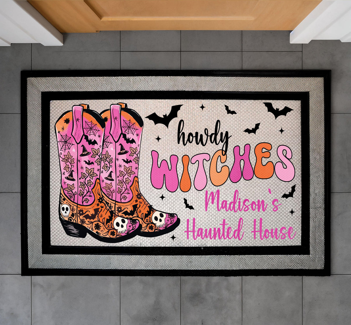 Personalized Howdy Witches Cowboy Boot Doormat, Western Halloween Porch Decor