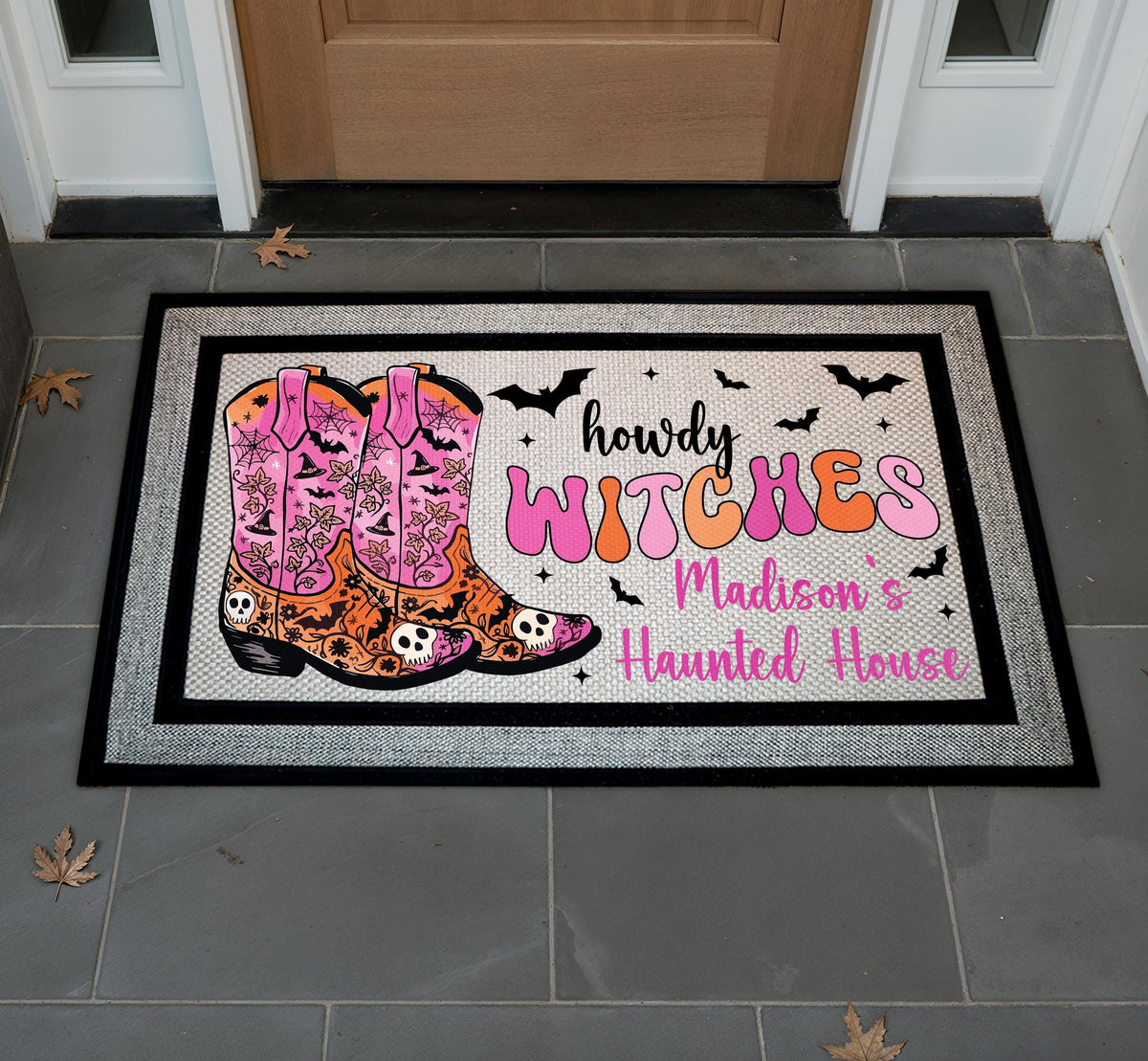 Personalized Howdy Witches Cowboy Boot Doormat, Western Halloween Porch Decor