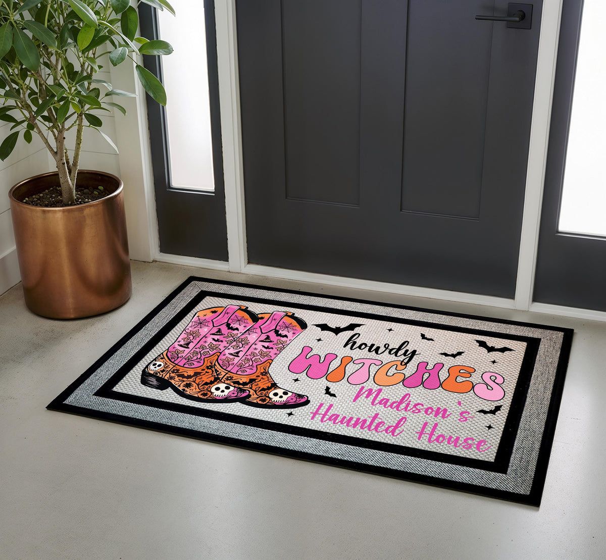 Personalized Howdy Witches Cowboy Boot Doormat, Western Halloween Porch Decor