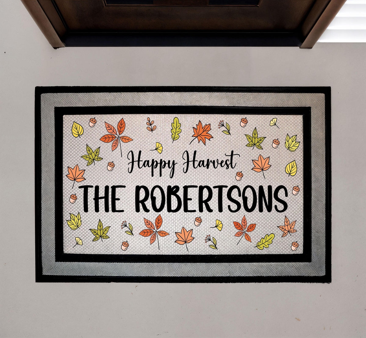 Custom Family Name Autumn Leaves Doormat, Happy Harvest Welcome Mat
