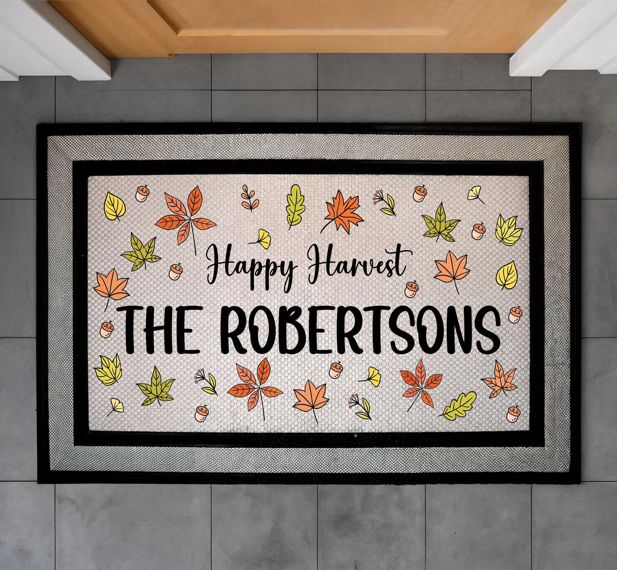 Custom Family Name Autumn Leaves Doormat, Happy Harvest Welcome Mat