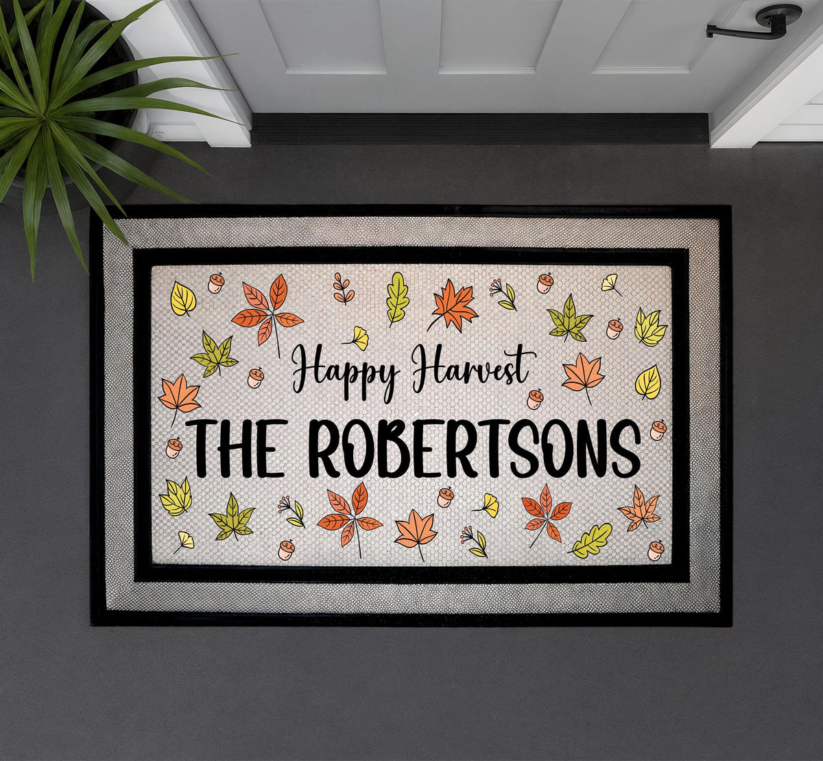 Custom Family Name Autumn Leaves Doormat, Happy Harvest Welcome Mat