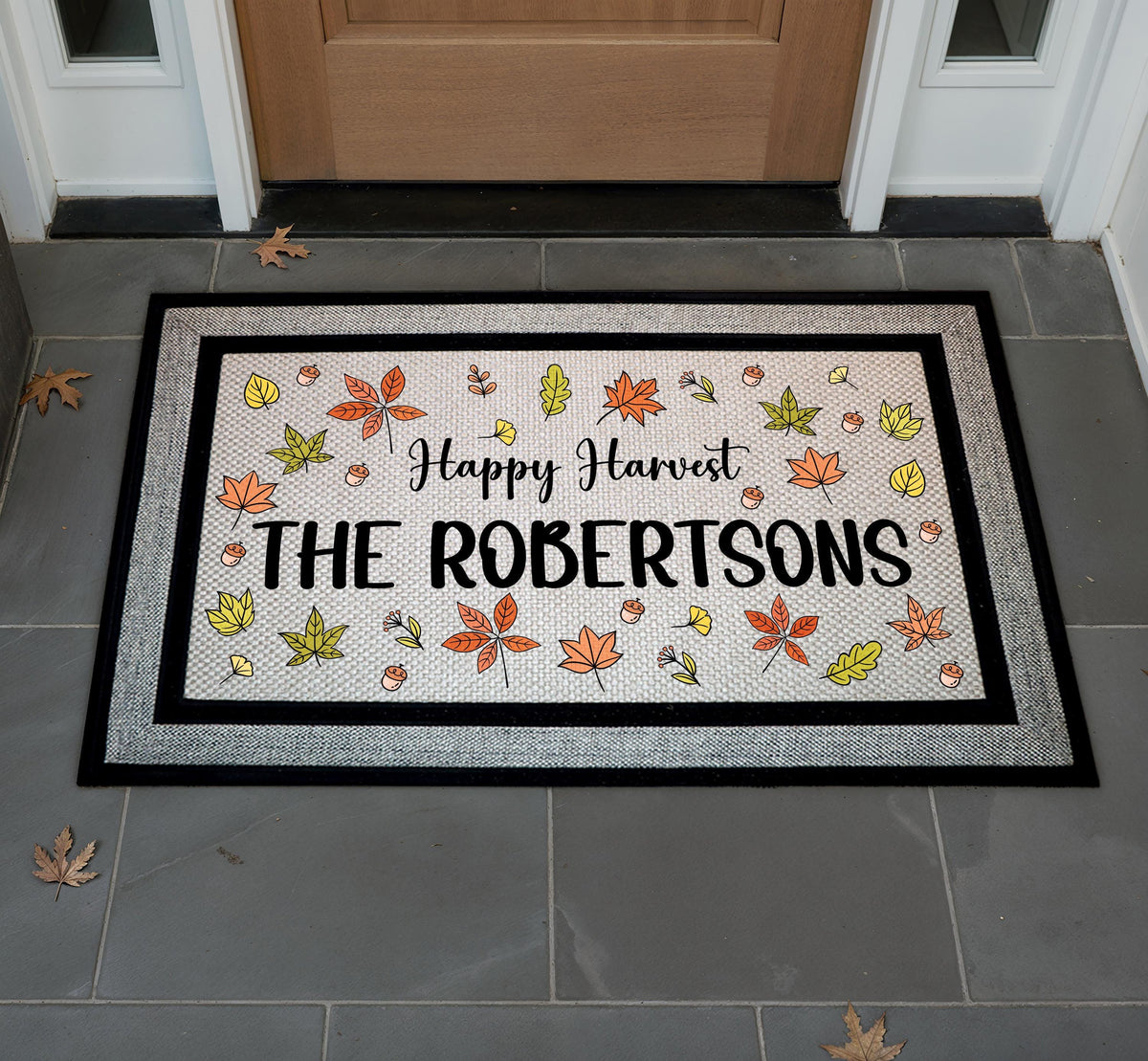 Custom Family Name Autumn Leaves Doormat, Happy Harvest Welcome Mat