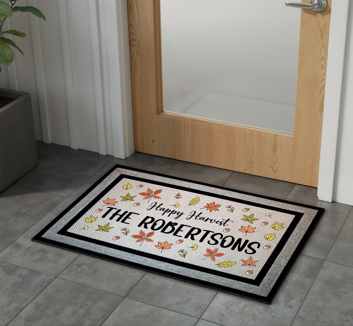 Custom Family Name Autumn Leaves Doormat, Happy Harvest Welcome Mat