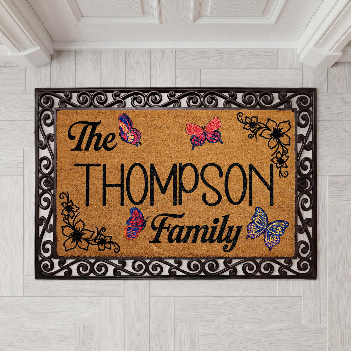 Personalized Boho Family Doormat, Butterflies Welcome Mat, Custom Floral Porch Decor