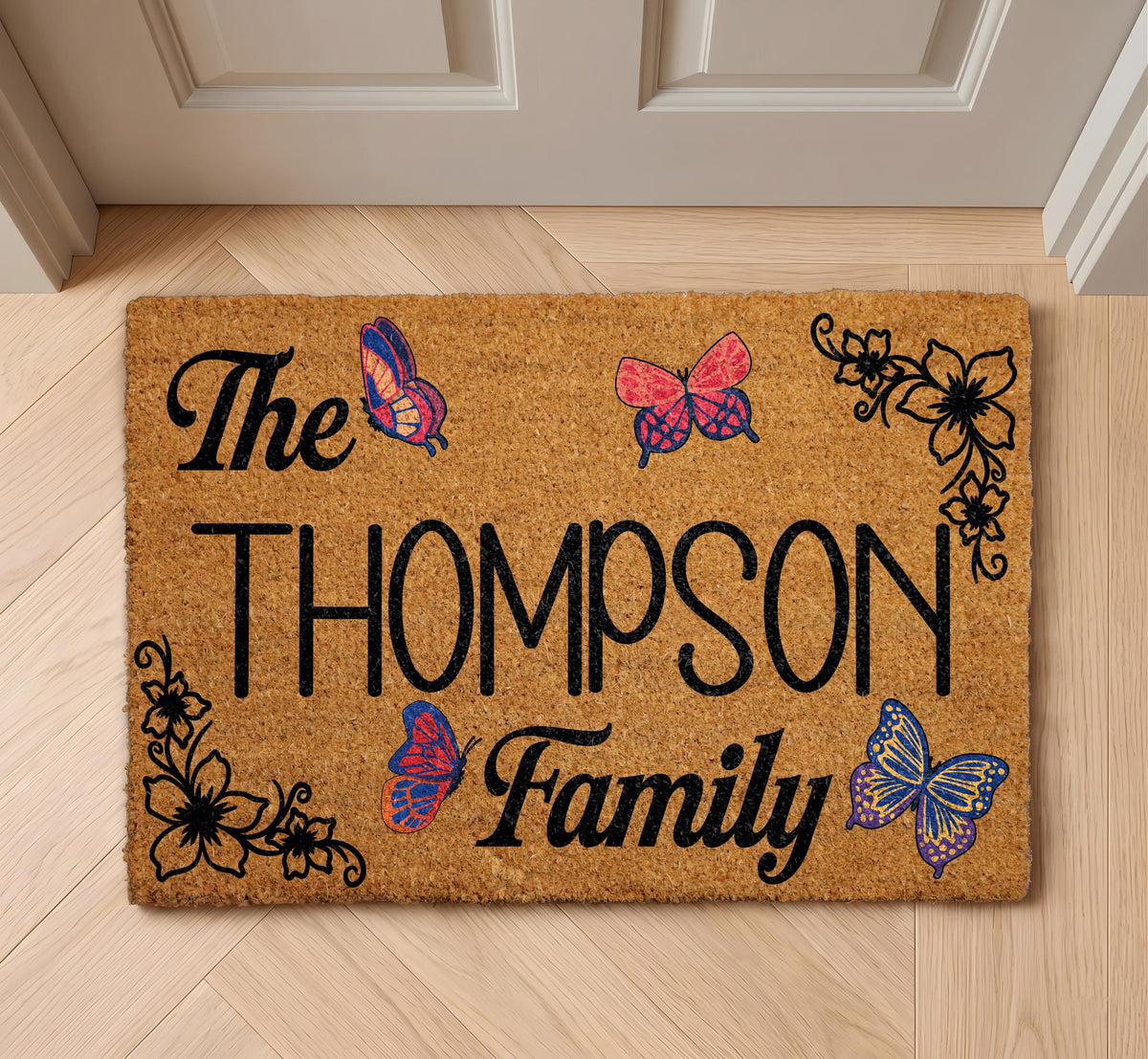 Personalized Boho Family Doormat, Butterflies Welcome Mat, Custom Floral Porch Decor