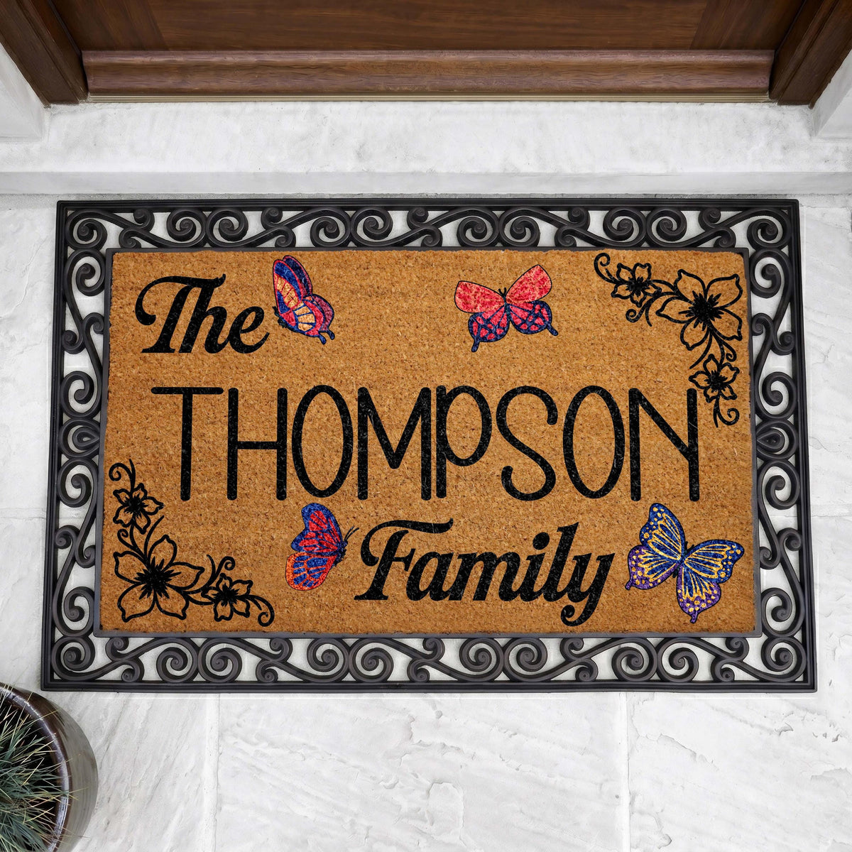 Personalized Boho Family Doormat, Butterflies Welcome Mat, Custom Floral Porch Decor