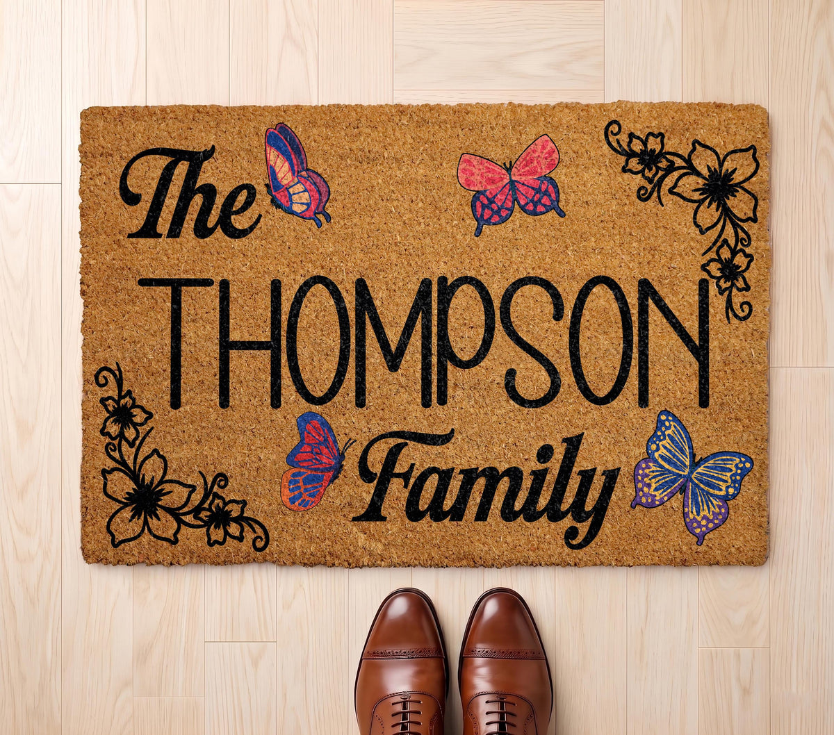 Personalized Boho Family Doormat, Butterflies Welcome Mat, Custom Floral Porch Decor
