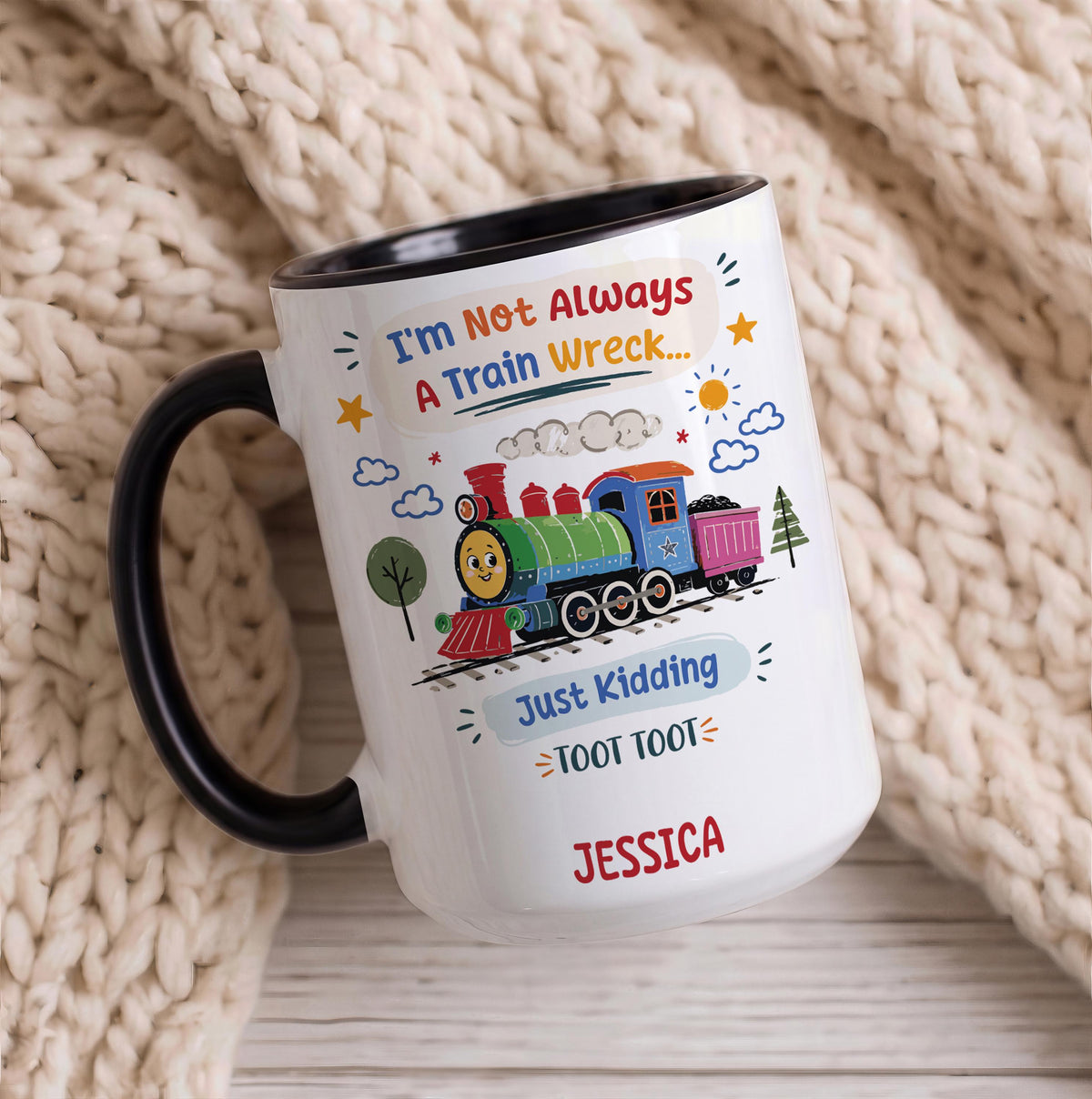 Personalized Train Wreck Coffee Mug, Sarcastic Humor Gift, Ceramic Cup