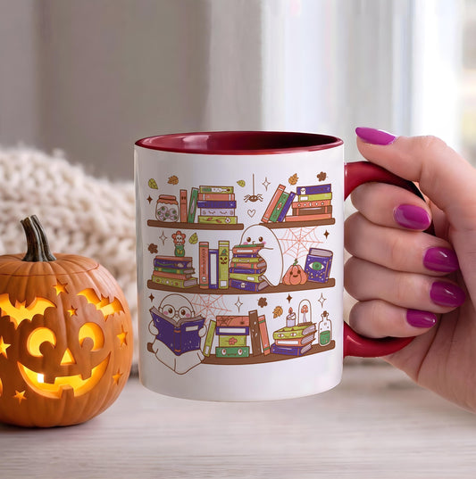 Cute Ghost Bookshelf Colorful Handle Coffee Mug, Spooky Season Cozy Reading Cup