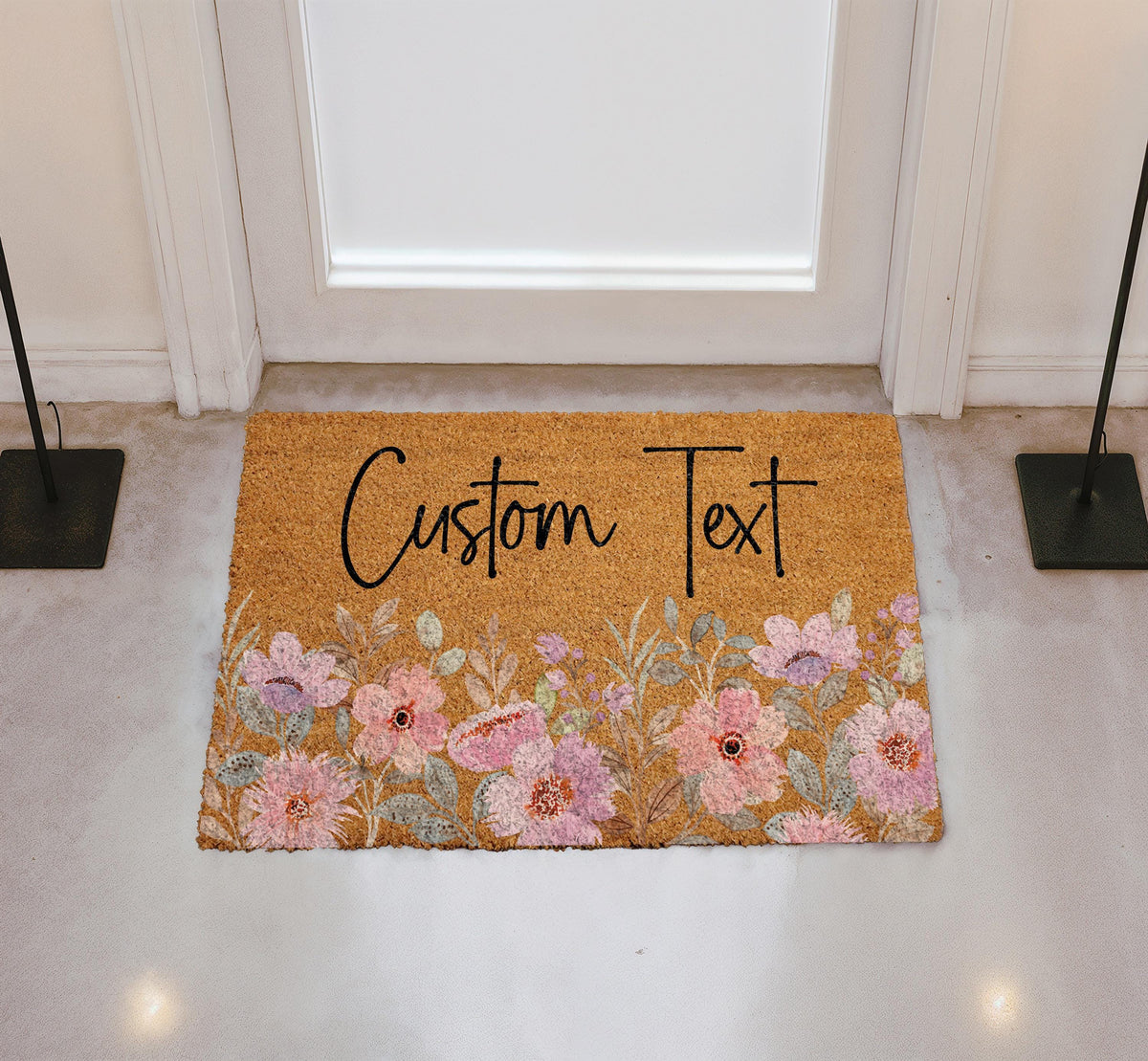 Personalized Floral Doormat, Custom Text Welcome Mat, Boho Flower Front Porch Decor
