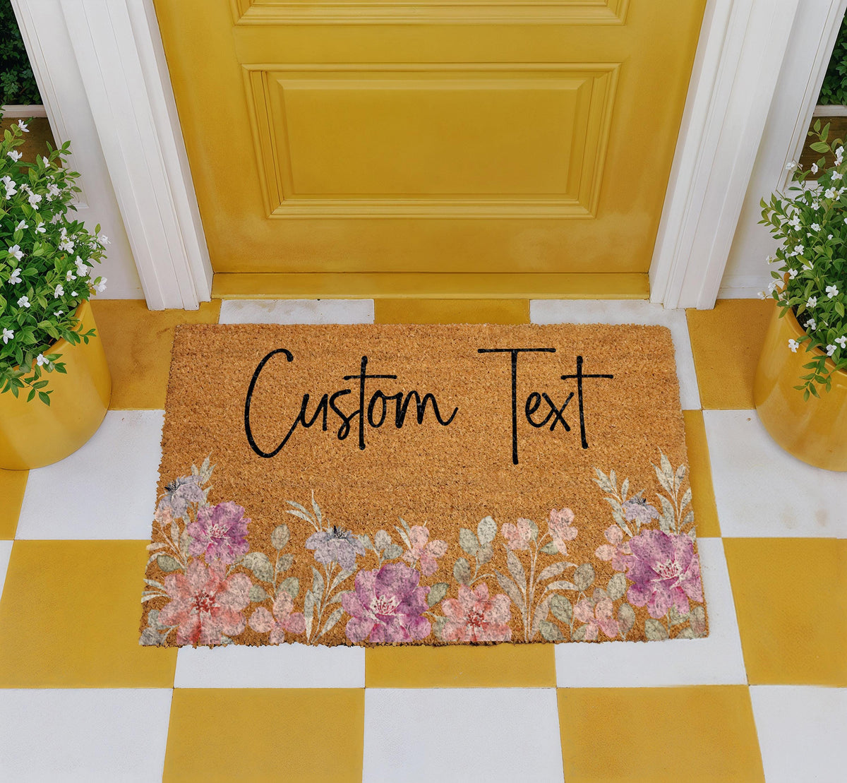 Personalized Floral Doormat, Custom Text Welcome Mat, Boho Flower Front Porch Decor