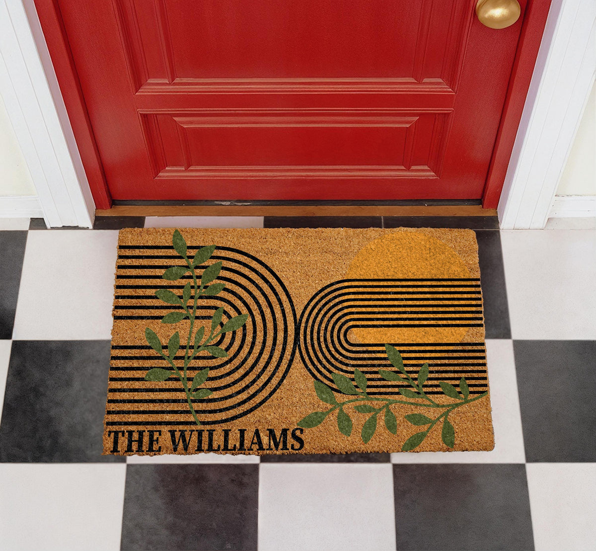 Mid Century Modern Entrance Doormat, Abstract Sun Botanical Lines Welcome Mat