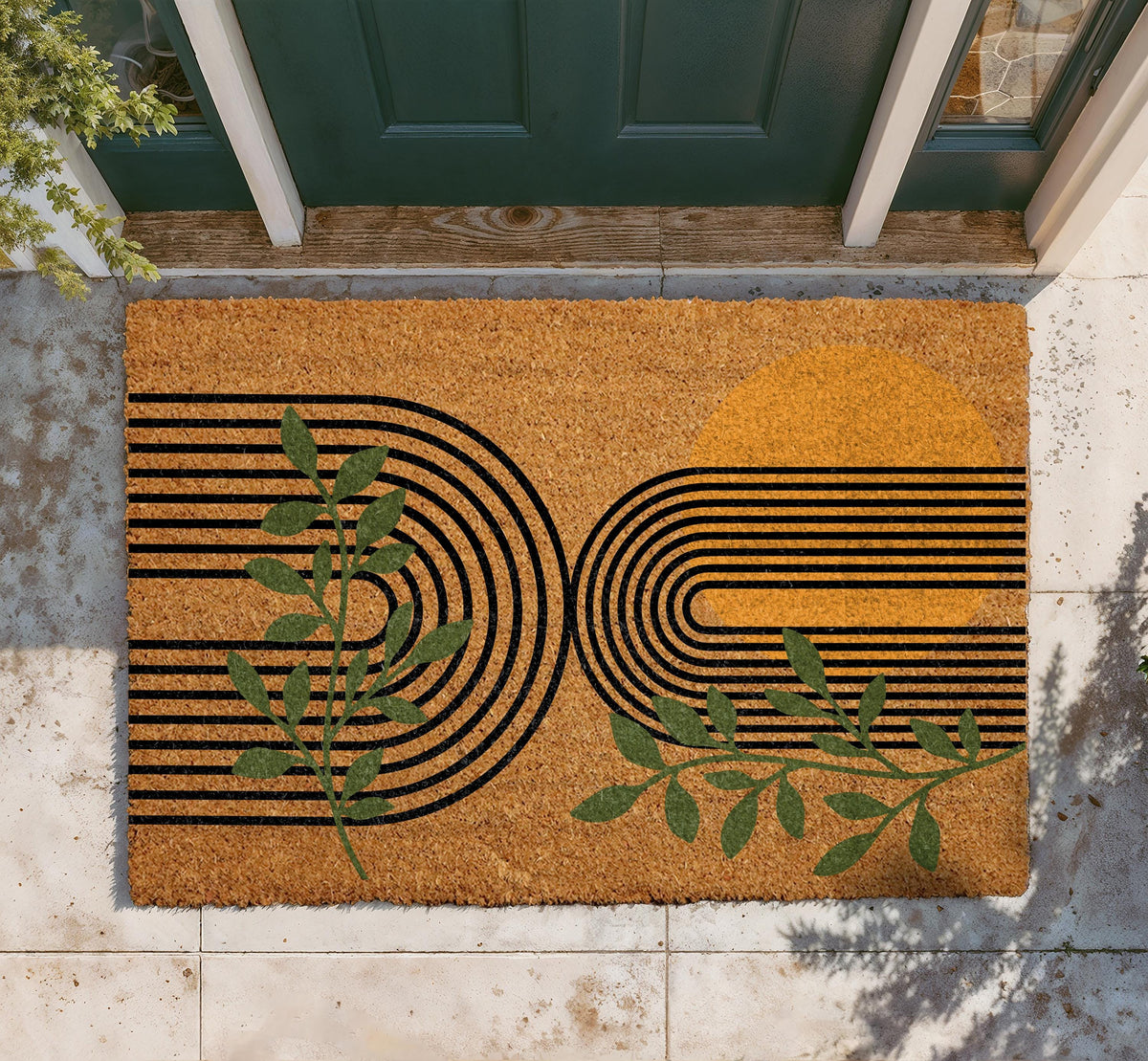 Mid Century Modern Entrance Doormat, Abstract Sun Botanical Lines Welcome Mat