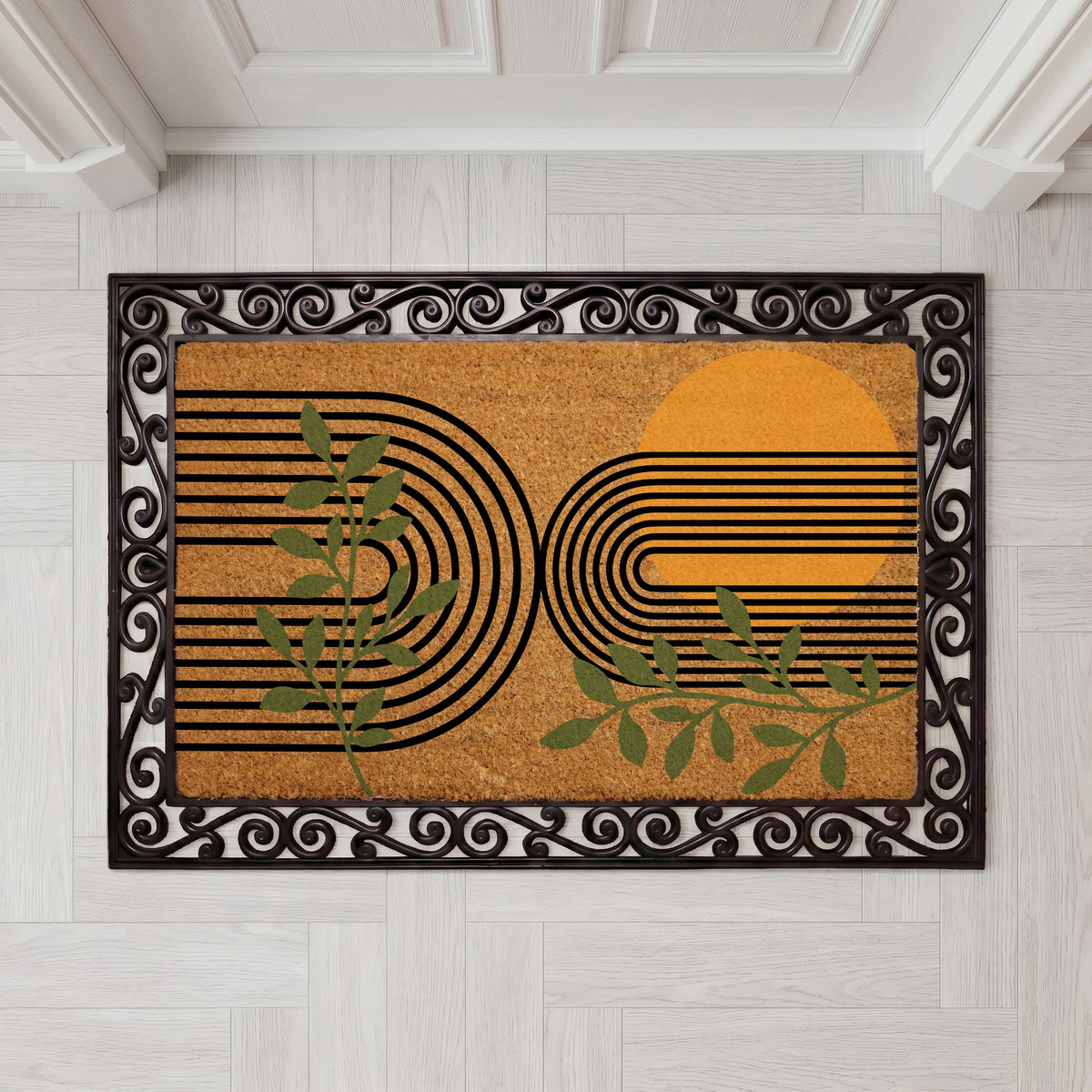 Mid Century Modern Entrance Doormat, Abstract Sun Botanical Lines Welcome Mat