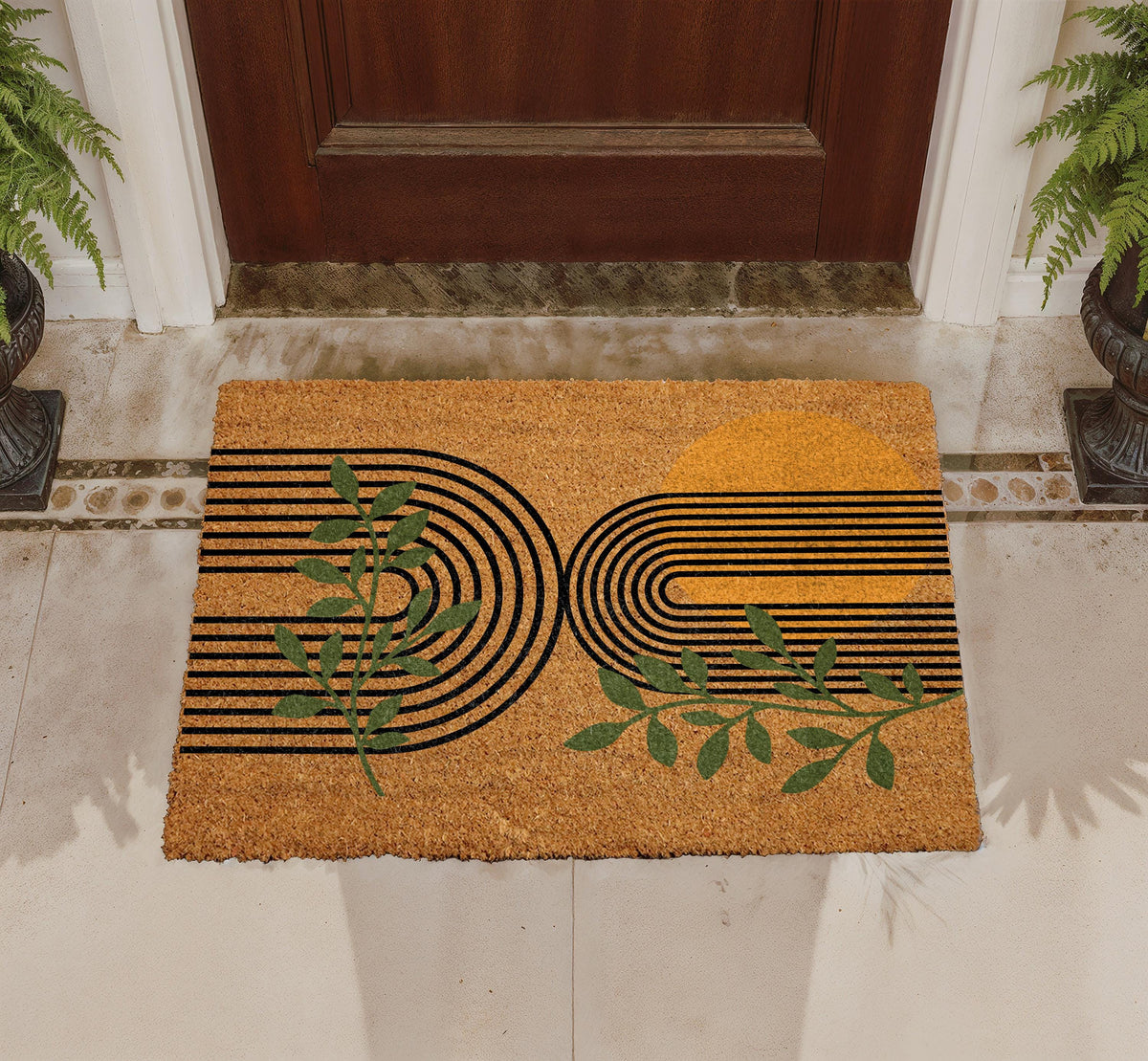 Mid Century Modern Entrance Doormat, Abstract Sun Botanical Lines Welcome Mat
