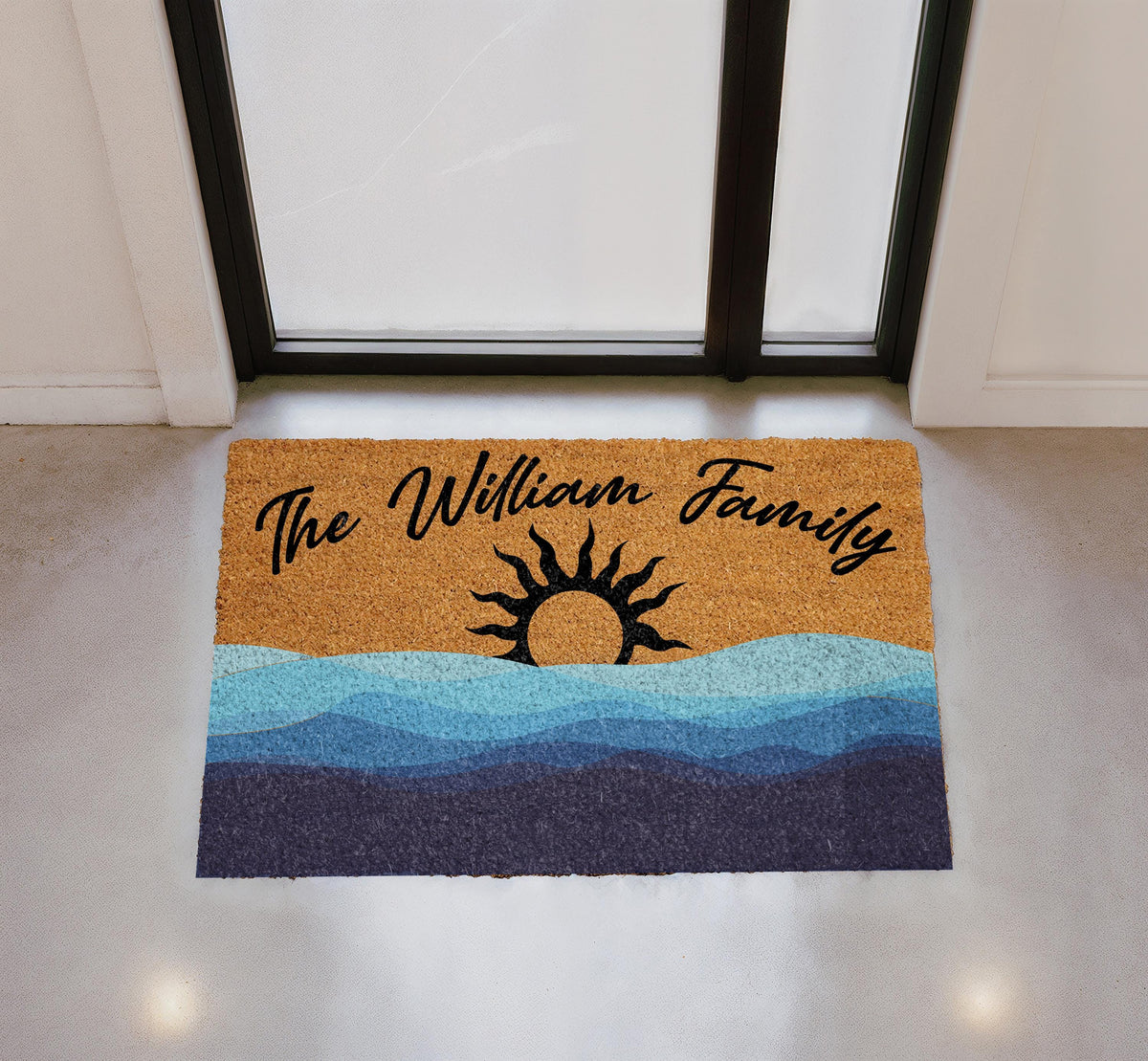 Custom Coastal Sunset Doormat, Ocean Waves Welcome Mat, Beach House Entryway Rug