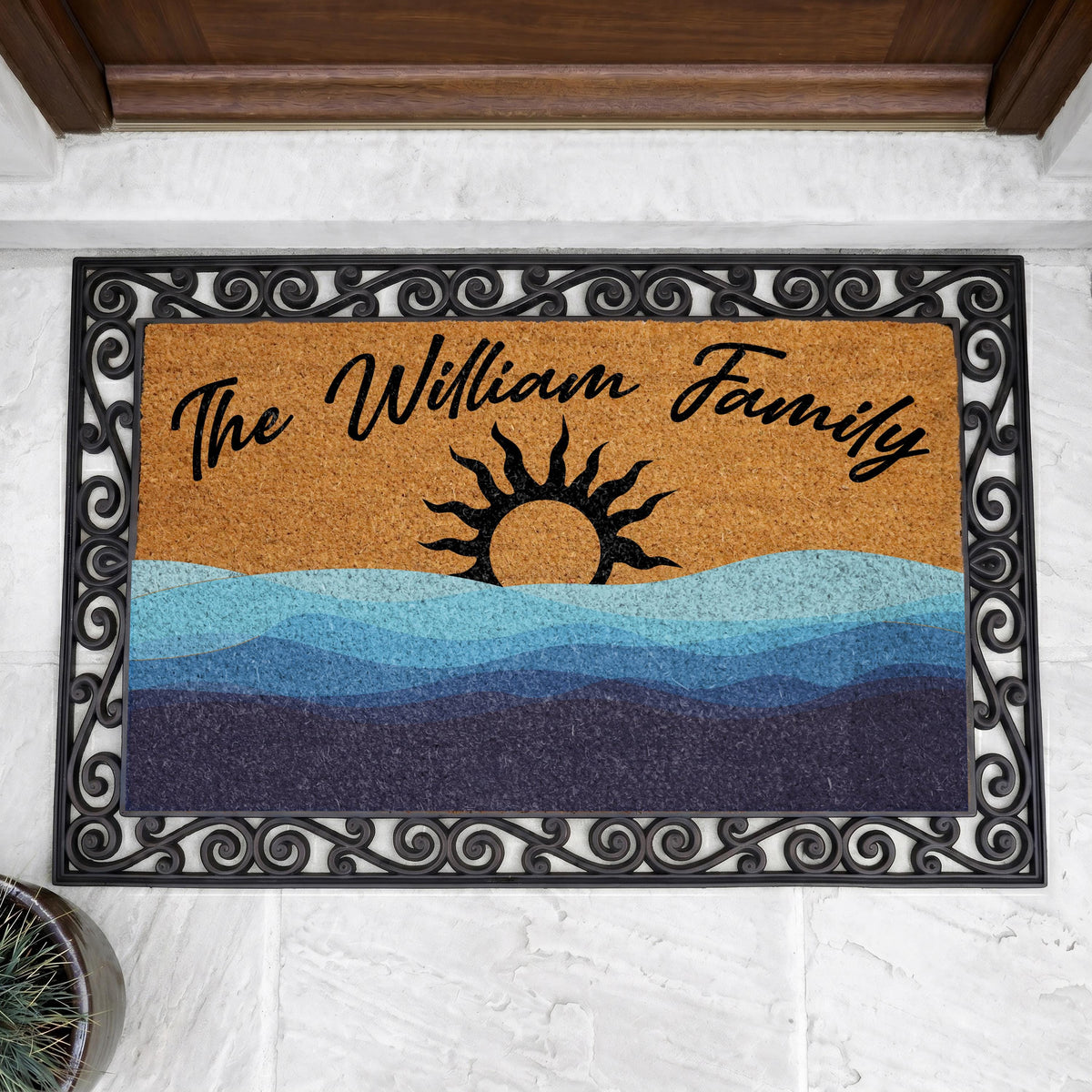 Custom Coastal Sunset Doormat, Ocean Waves Welcome Mat, Beach House Entryway Rug
