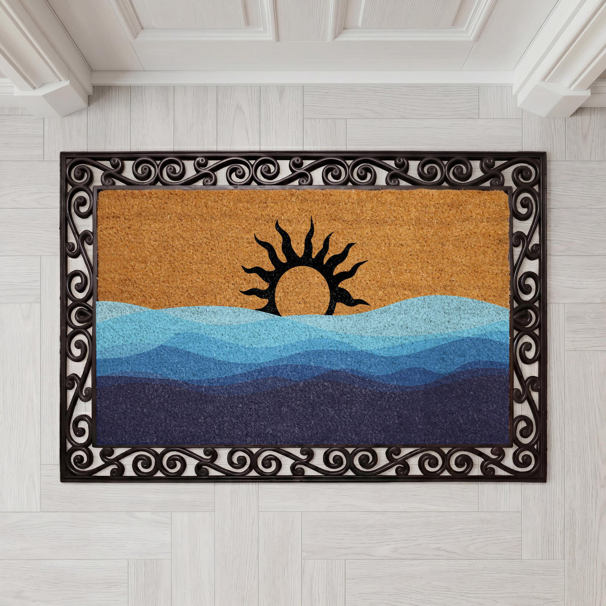 Custom Coastal Sunset Doormat, Ocean Waves Welcome Mat, Beach House Entryway Rug