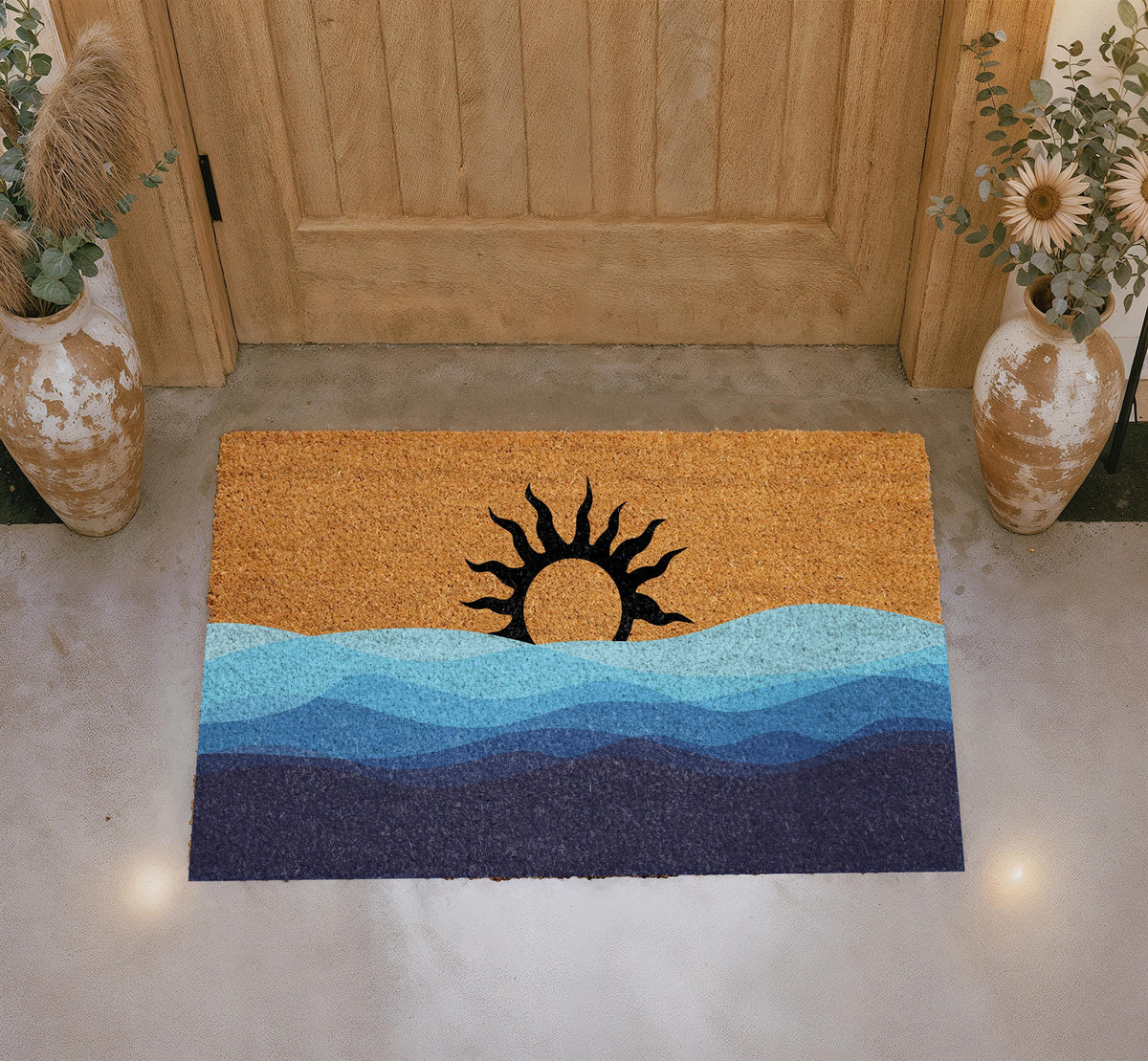 Custom Coastal Sunset Doormat, Ocean Waves Welcome Mat, Beach House Entryway Rug