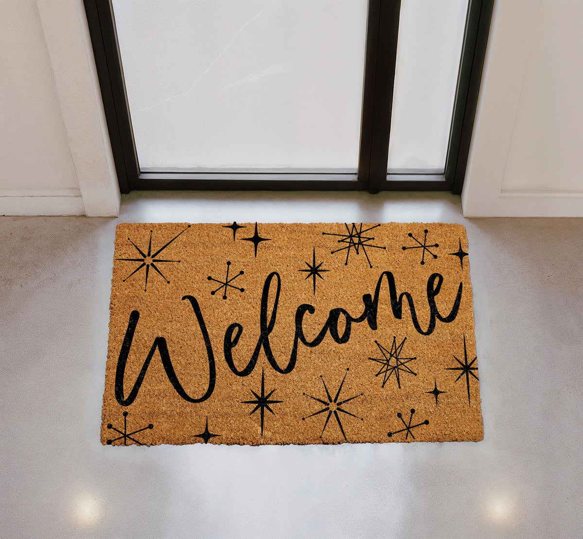 Custom Retro Starburst Doormat, Mid Century Modern Welcome Mat, Family Name Housewarming Gift