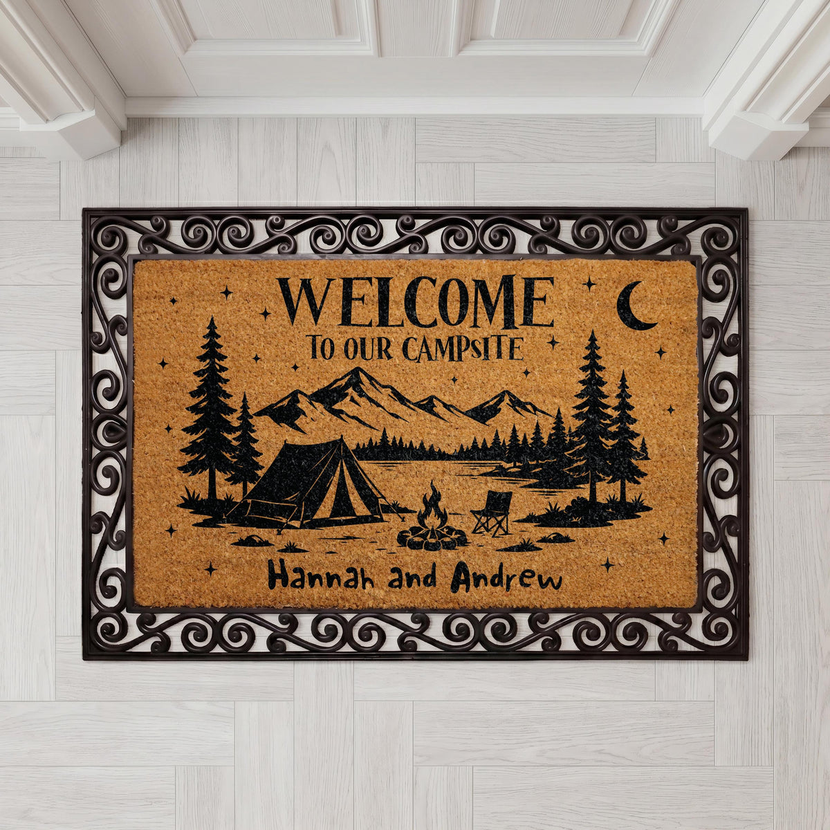 Welcome To Our Campsite Doormat, Personalized Camping Welcome Mat, Custom Couple Name Door Mat, Happy Campers Coir Mat, RV Housewarming Gift