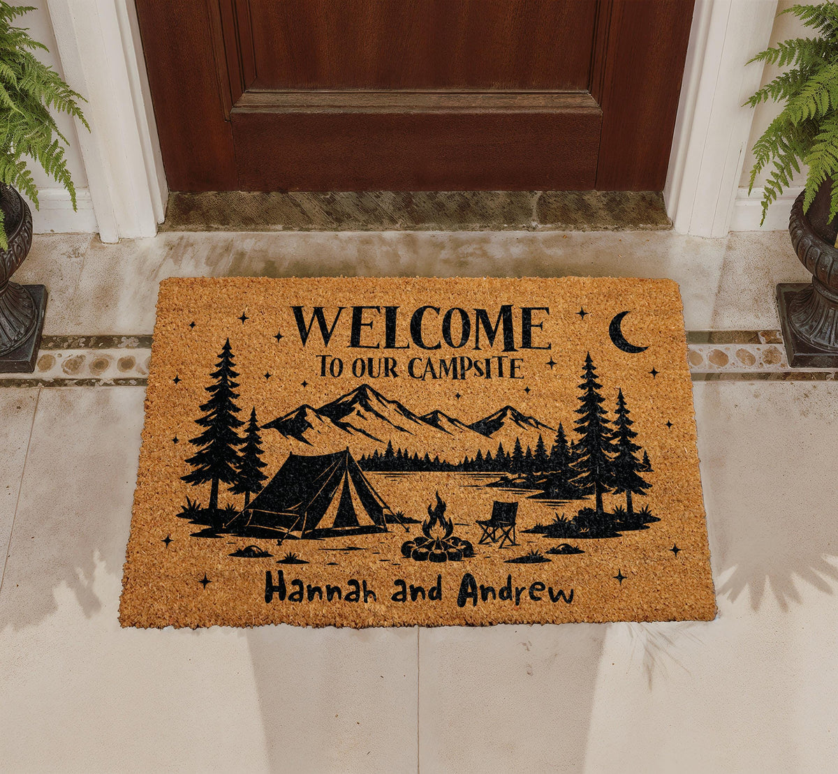 Welcome To Our Campsite Doormat, Personalized Camping Welcome Mat, Custom Couple Name Door Mat, Happy Campers Coir Mat, RV Housewarming Gift