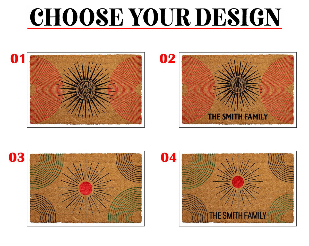 Custom Boho Sunburst Doormat, Celestial Welcome Mat, Mid-Century Modern Rug