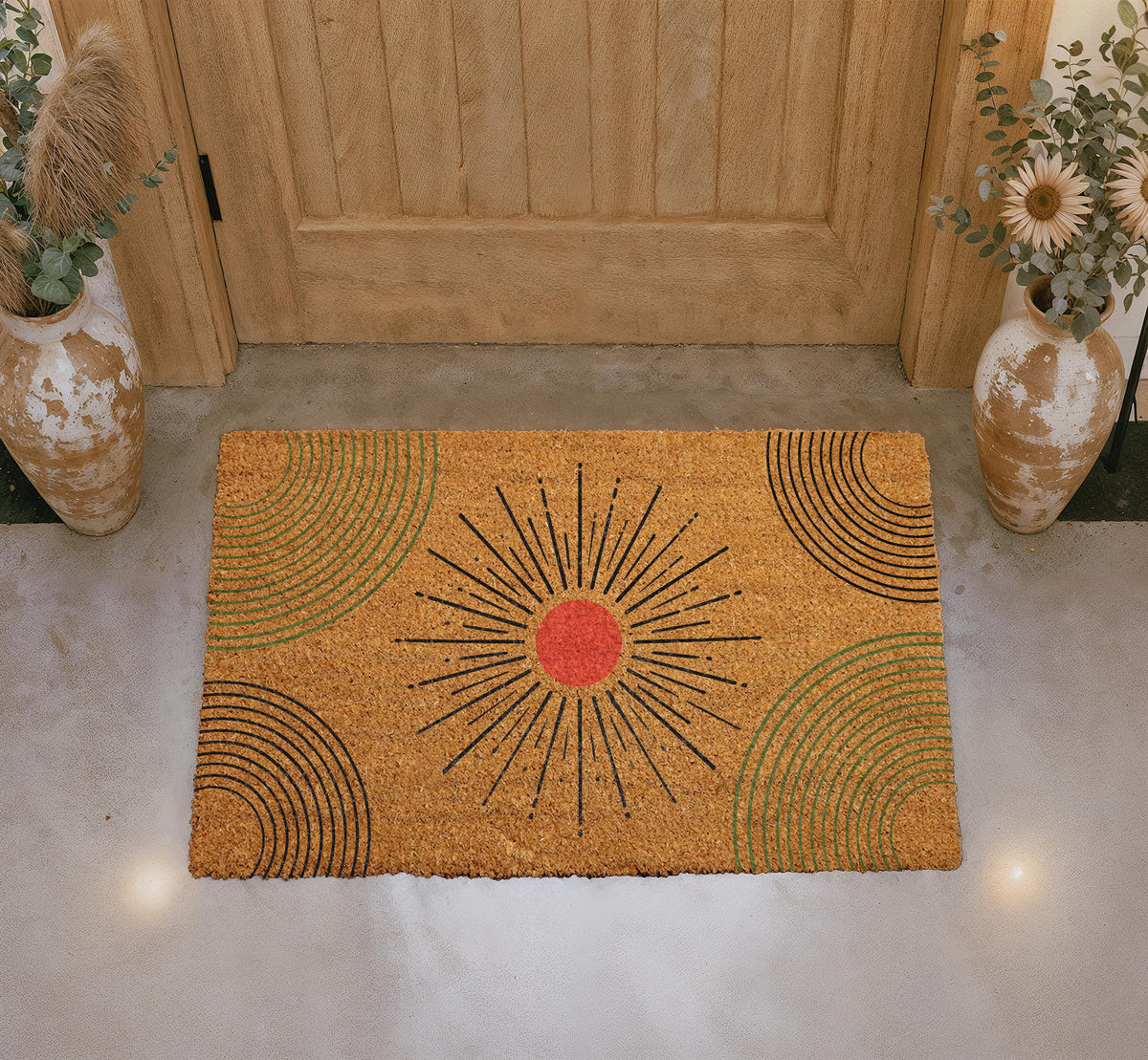Custom Boho Sunburst Doormat, Celestial Welcome Mat, Mid-Century Modern Rug