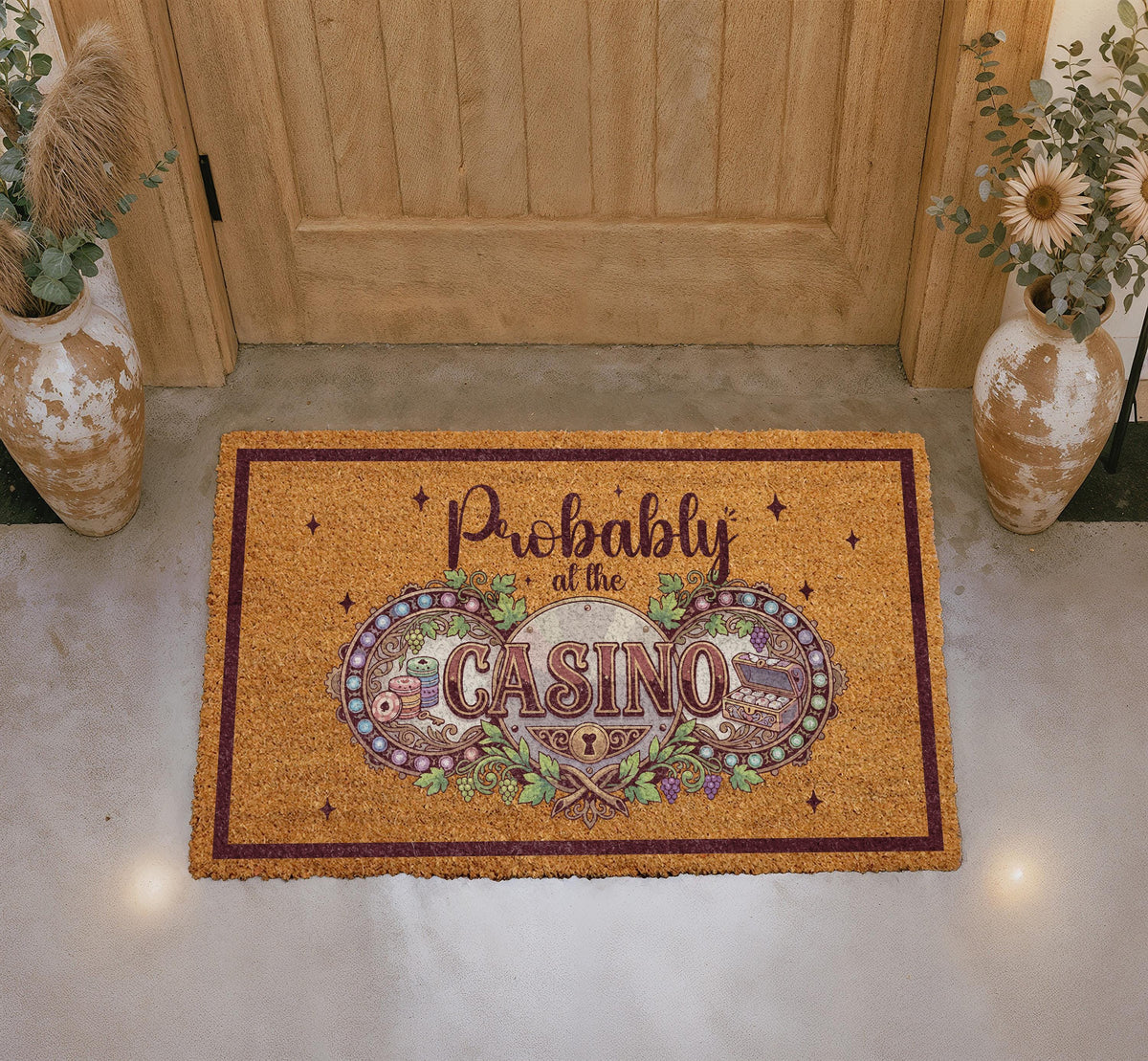 Probably At The Casino Doormat, Personalized Coir Welcome Mat, Gambling Themed Entryway Rug
