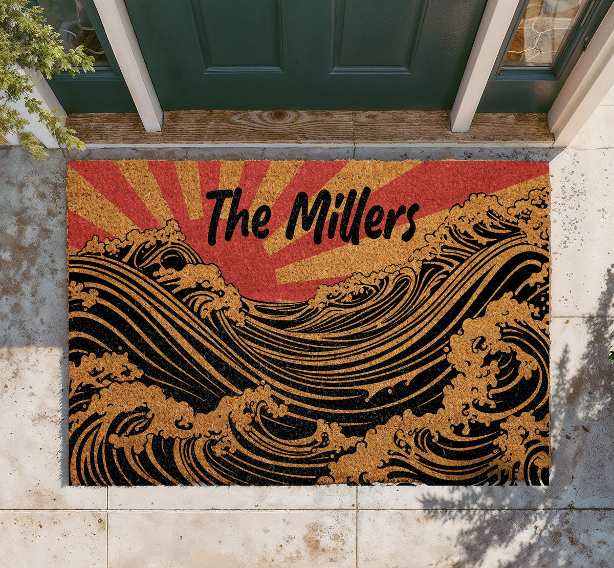 Custom Japanese Art Inspired Doormat, Rising Sun and Ocean Wave Welcome Mat, Modern Artistic Porch Decor, Housewarming Gift