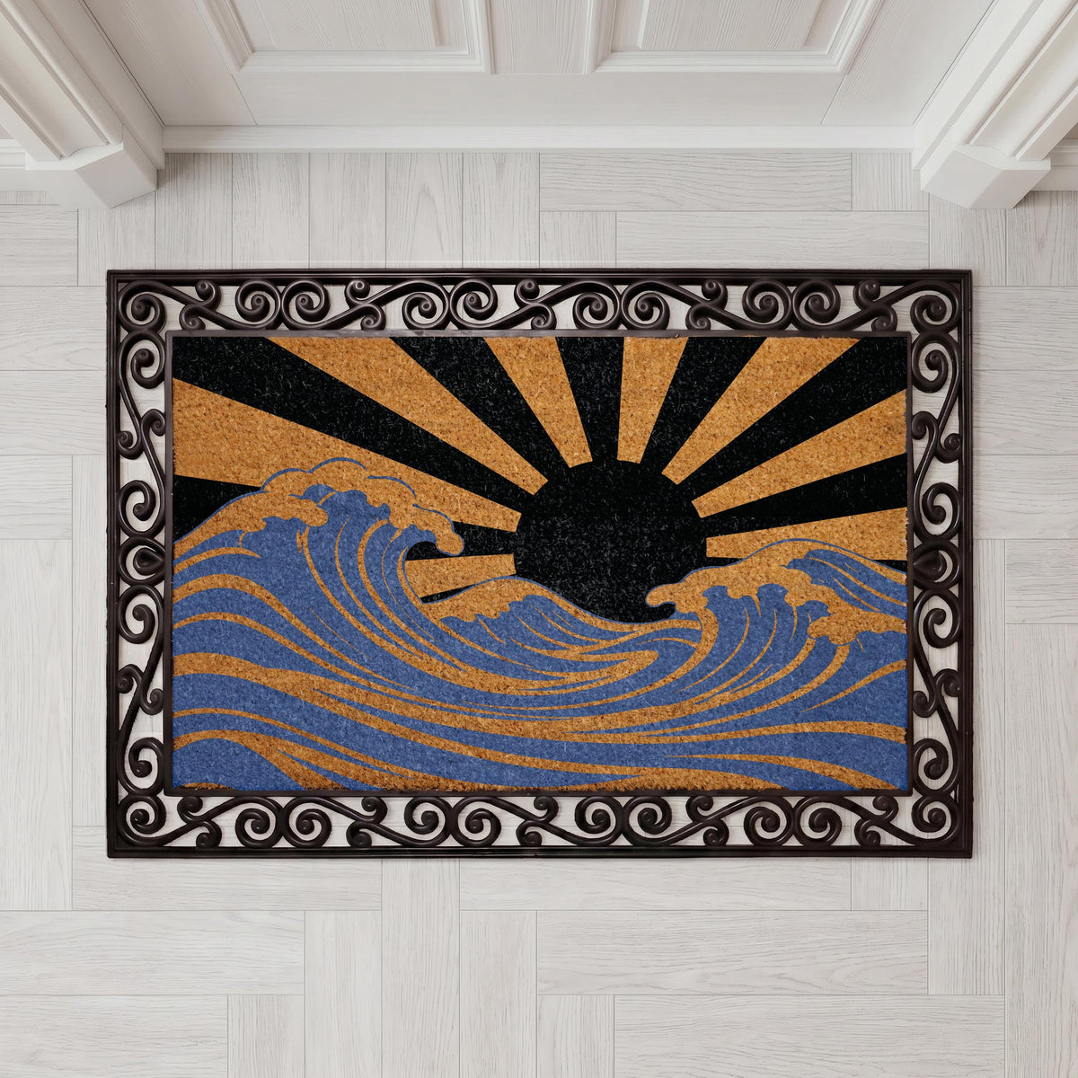 Custom Japanese Art Inspired Doormat, Rising Sun and Ocean Wave Welcome Mat, Modern Artistic Porch Decor, Housewarming Gift