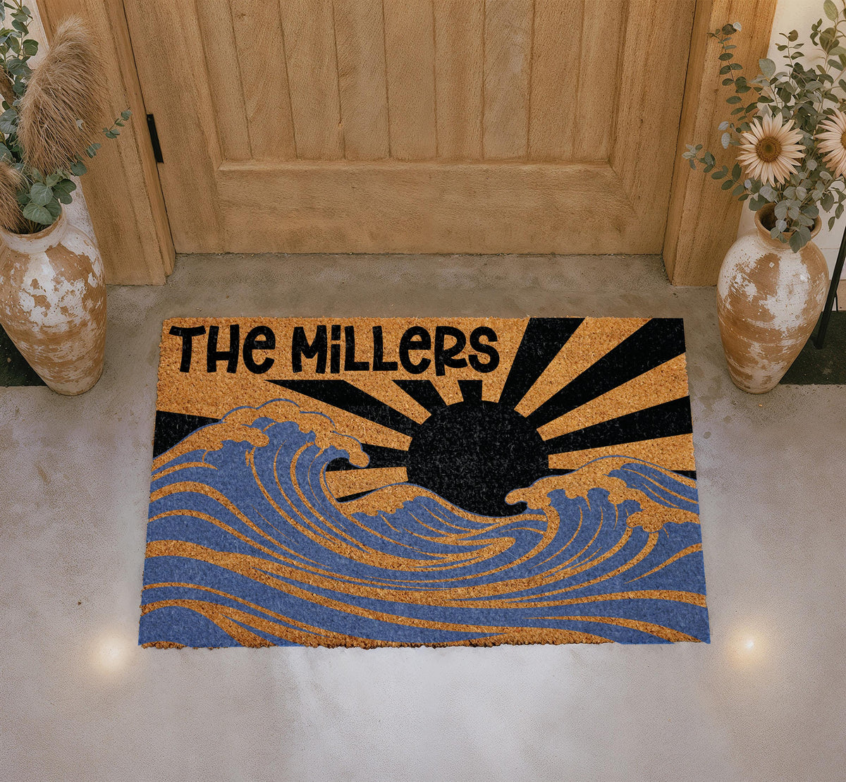 Custom Japanese Art Inspired Doormat, Rising Sun and Ocean Wave Welcome Mat, Modern Artistic Porch Decor, Housewarming Gift