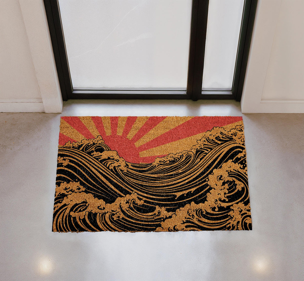 Custom Japanese Art Inspired Doormat, Rising Sun and Ocean Wave Welcome Mat, Modern Artistic Porch Decor, Housewarming Gift