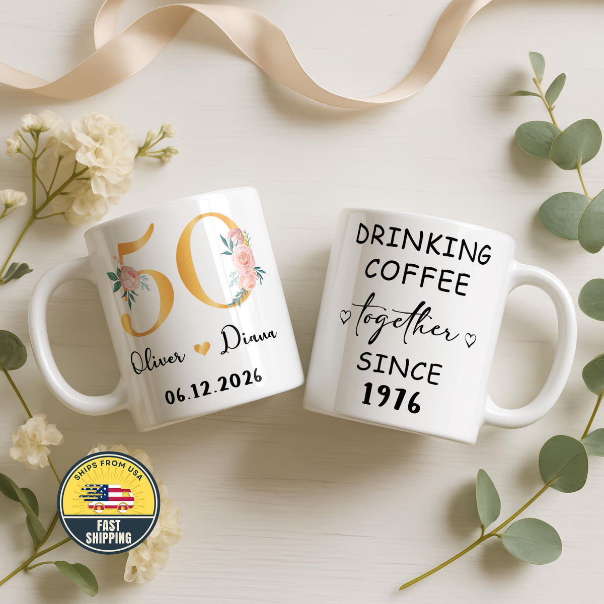 50 Years Drinking Coffee Together Mug, Personalized 50th Anniversary Gift for Parents