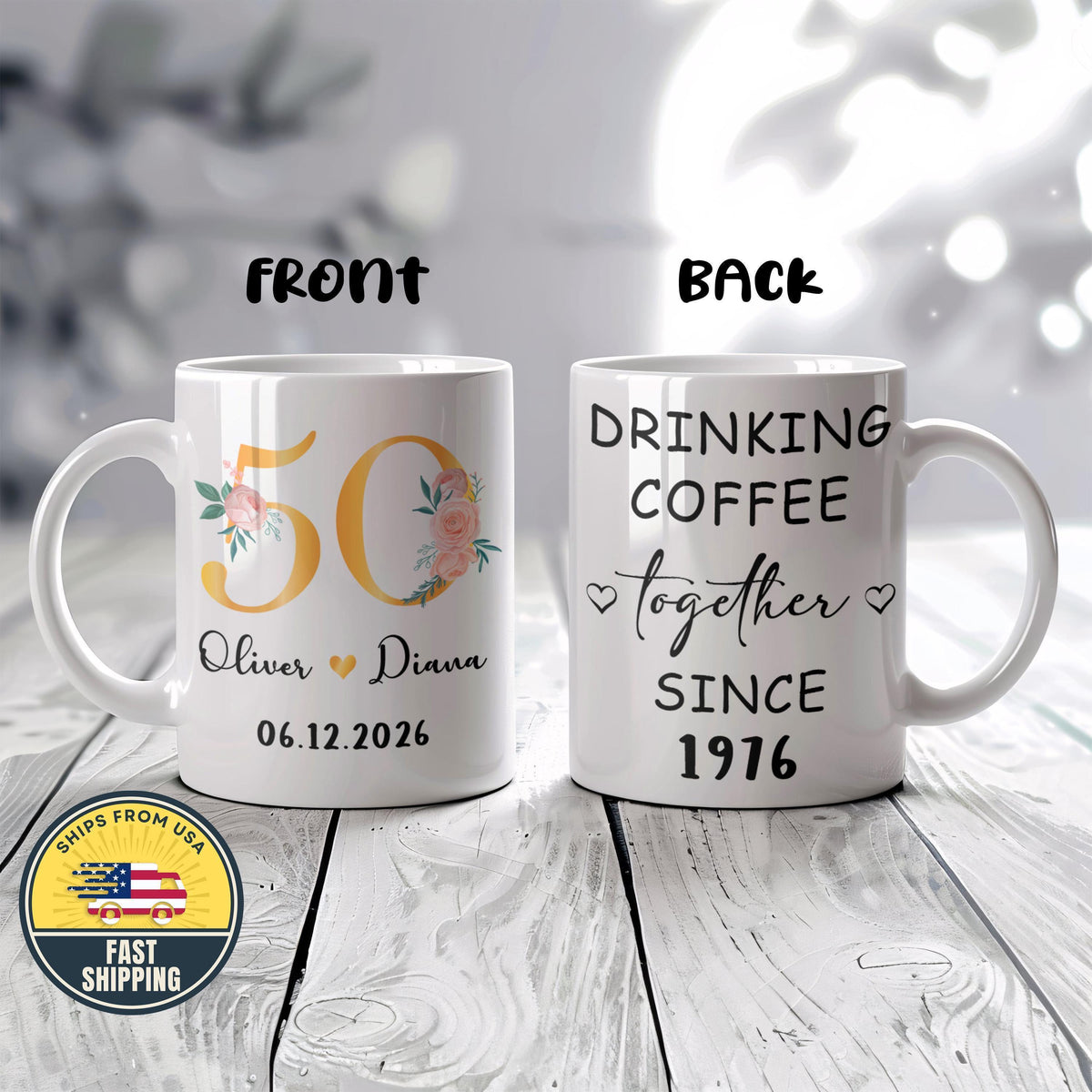 50 Years Drinking Coffee Together Mug, Personalized 50th Anniversary Gift for Parents