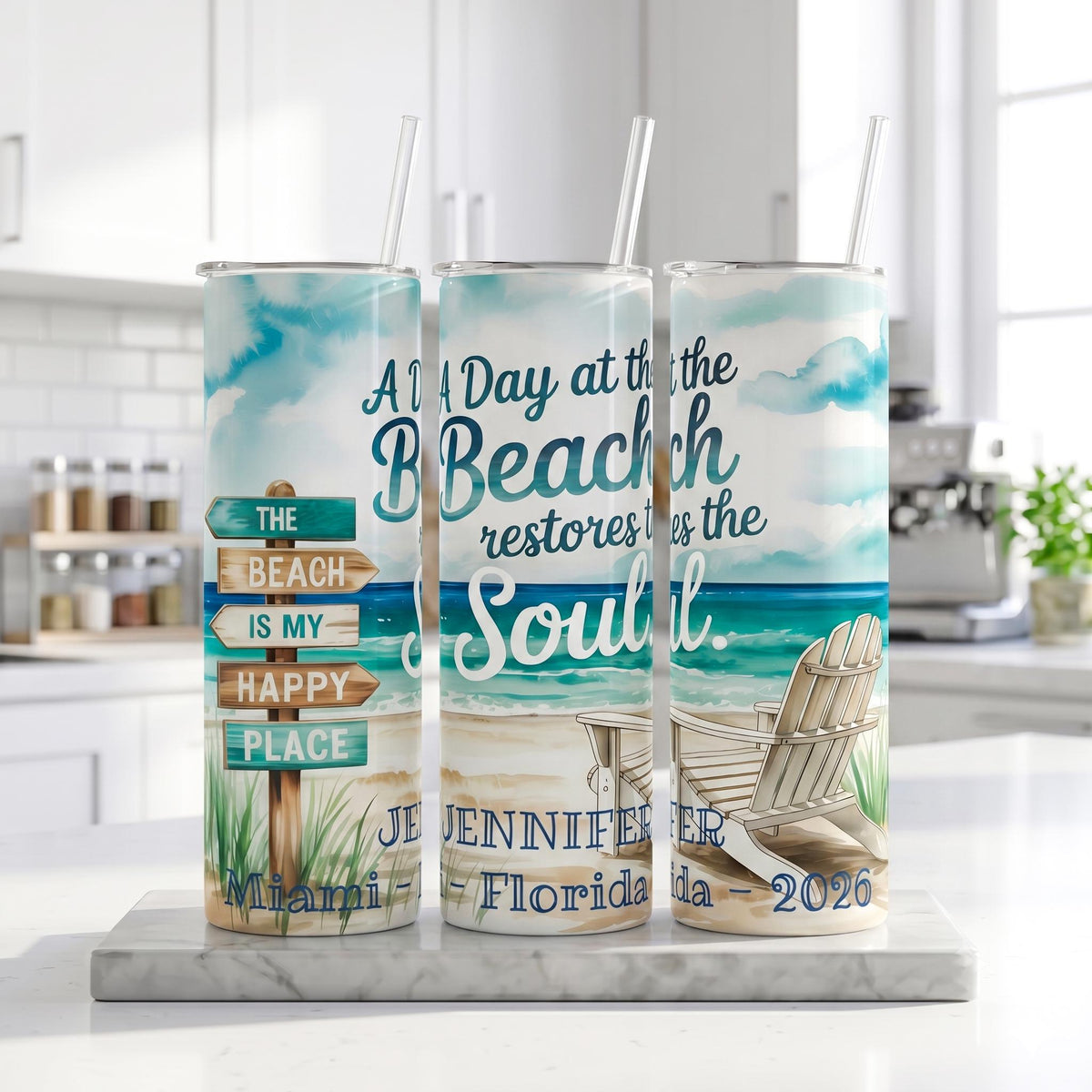 Personalized Beach Tumbler, Custom Vacation Souvenir Cup, Ocean Lover Gift