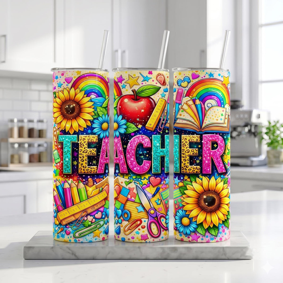 Teacher Tumbler, Colorful School Supplies, Sunflower, Rainbow, Personalized Gift