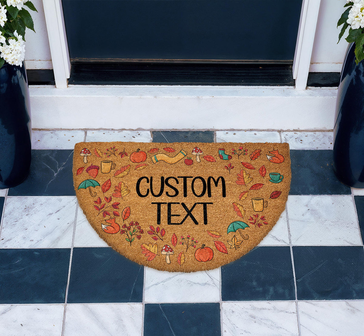 Custom Text Half Round Fall Welcome Mat, Cozy Autumn Icons Coir Doormat