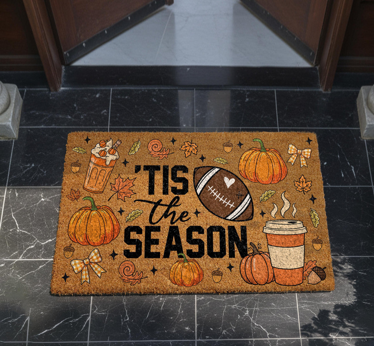 Tis the Season Fall Coir Doormat, Football and Pumpkin Season Welcome Mat