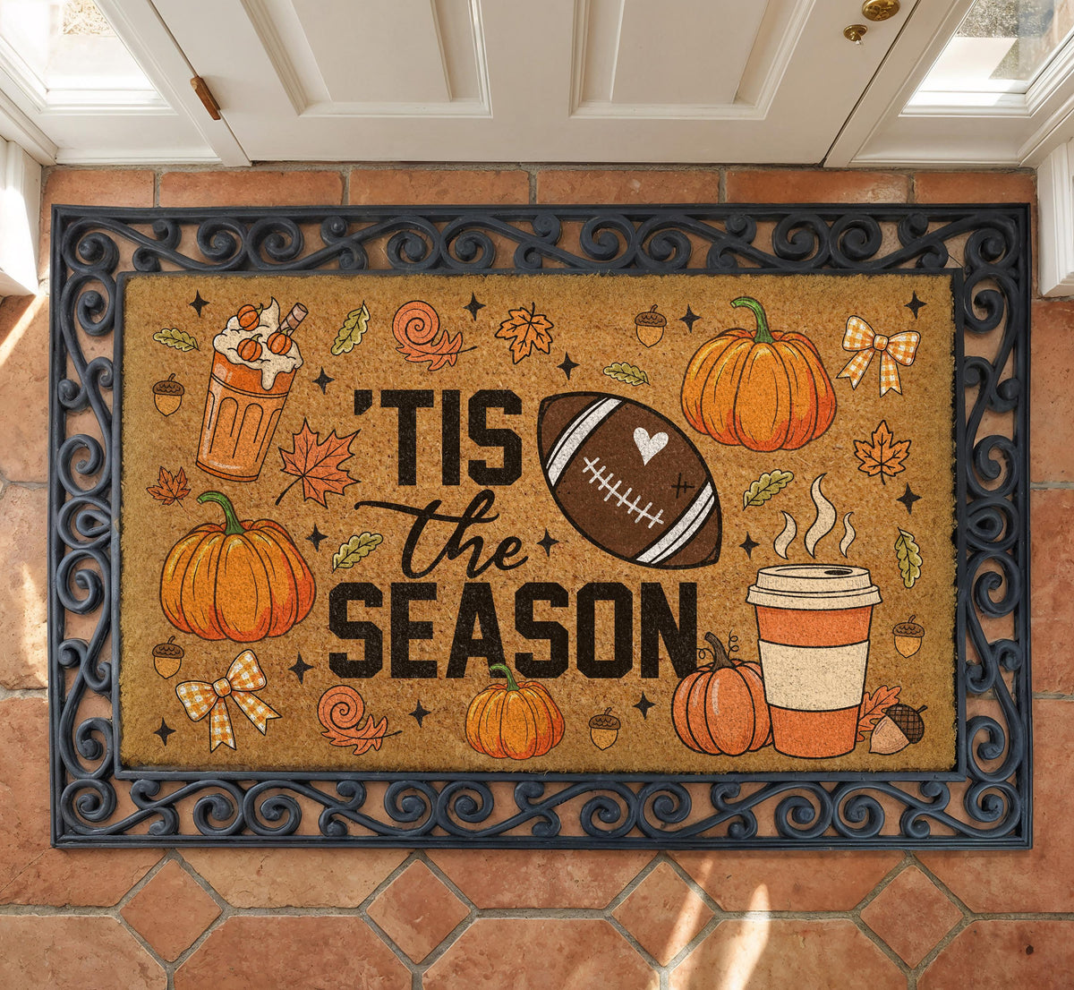 Tis the Season Fall Coir Doormat, Football and Pumpkin Season Welcome Mat