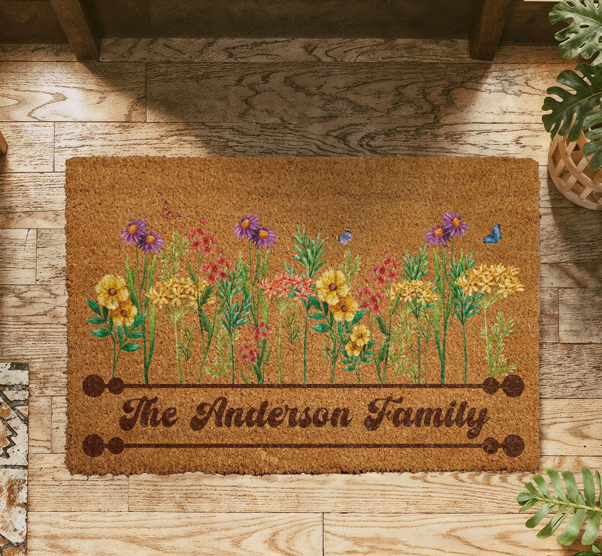 Custom Family Name Wildflower Meadow Doormat, Boho Spring Welcome Mat