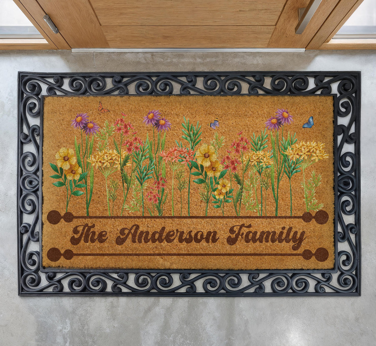Custom Family Name Wildflower Meadow Doormat, Boho Spring Welcome Mat