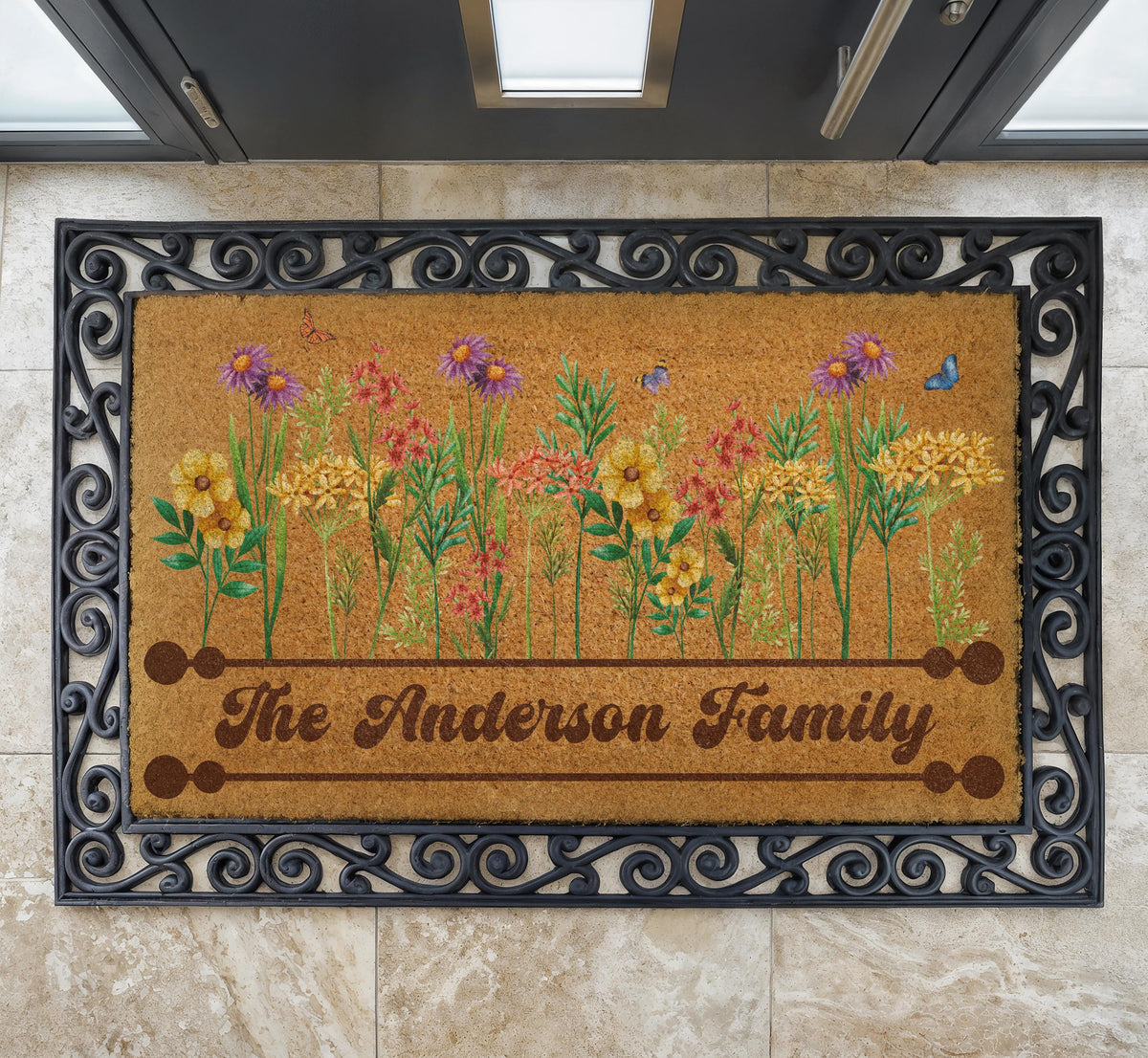 Custom Family Name Wildflower Meadow Doormat, Boho Spring Welcome Mat